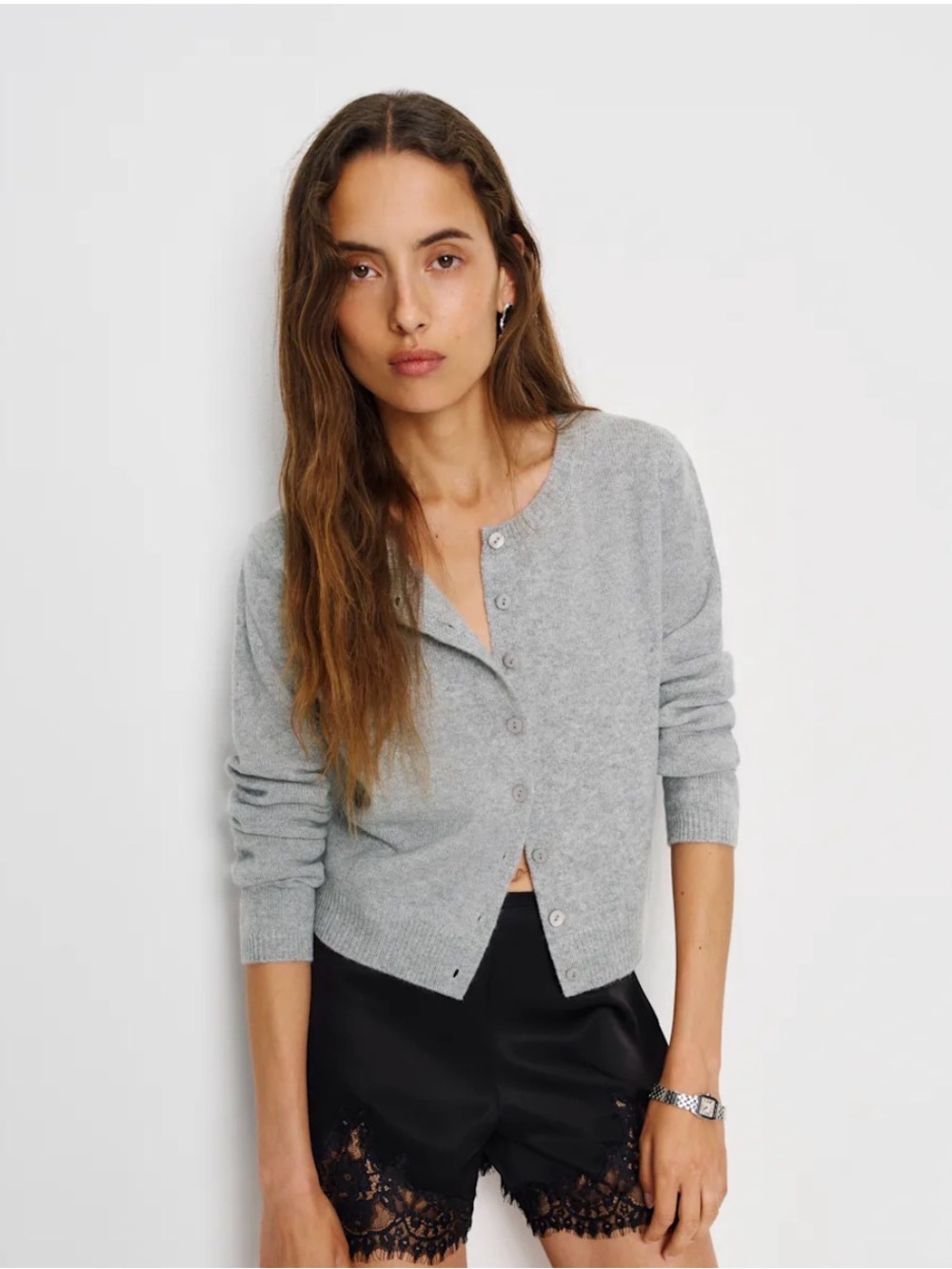Reformation Clara Crew 100% Cashmere Cardigan Sweater Granite Gray Size Medium